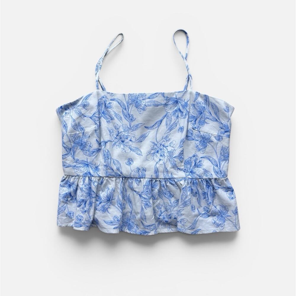 A New Day Blue and White Floral Smocked Peplum Camisole Womens Size Medium